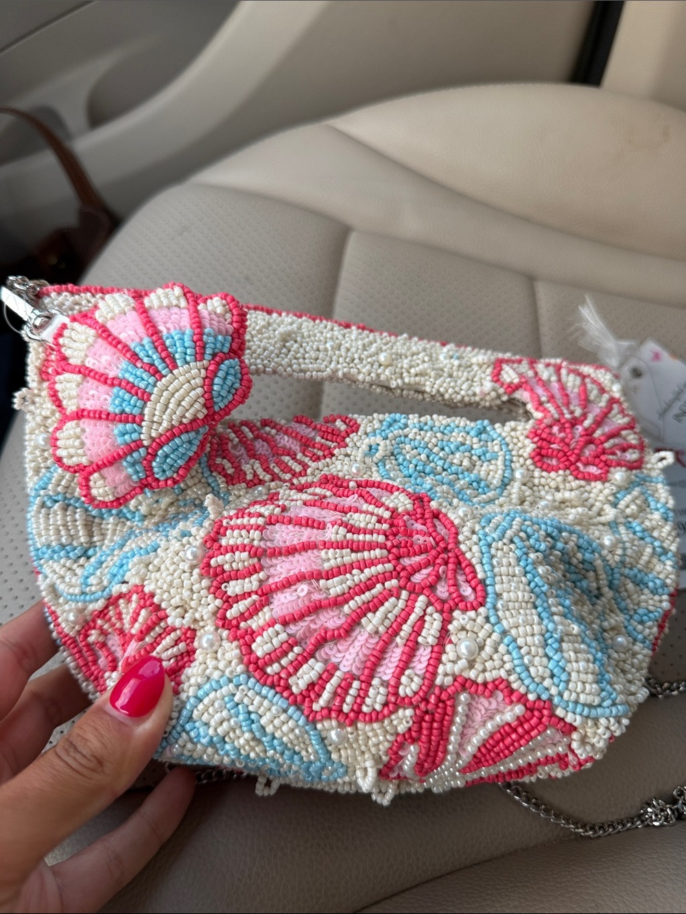Viral Beaded SeaShell Motif Handbag in Pink, Blue & Cream